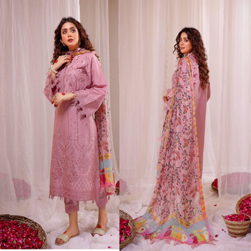 3PC Lawn Heavy Embroidered Shirt & Silk Digital Printed Dupatta. zab724
